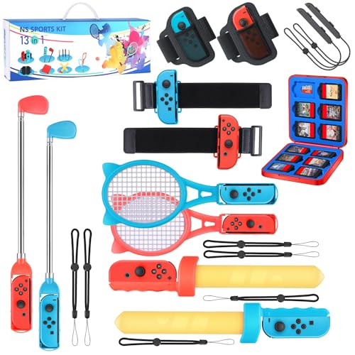 Switch Sports Accessories Bundle - 13 in 1 Family Pack with Tennis Rackets, Adjustable Golf Clubs, Chambara Swords, Soccer Leg Straps, Wrist Band, Joycon Strap, Game Case for Switch & OLED