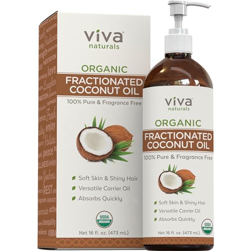 Viva Naturals Organic Fractionated Coconut Oil - Skin & Hair Moisturizer, Relaxing Massage and Body Oil, Carrier Oil for Essential Oils Mixing, Pure Non-Greasy Coconut Oil for Skin and Hair, 16 fl oz