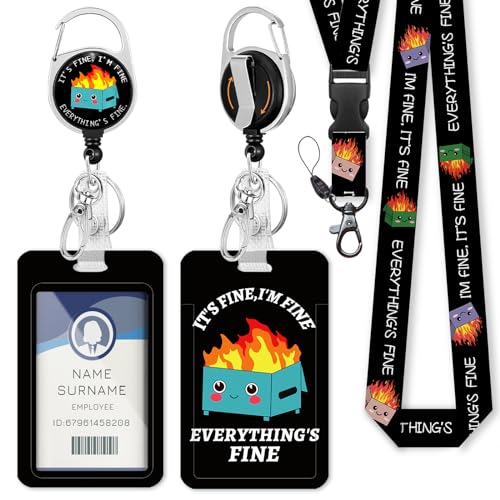 Dumpster on Fire Lanyards for ID Badges and Keys, Funny Badge Reel Retractable Heavy Duty with 360° Swivel Carabiner Clip, I'm Fine ID Badge Holder with Breakaway Lanyard, Teacher Nurse Office Gifts