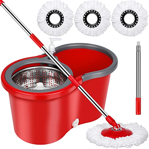 Spin Mop and Bucket Set, 360° Spin Mop and Bucket with Wringer Set and 3 Microfiber Mop Refills, Stainless Steel 61' Extended Handle Spinning Mop Bucket System for Floor Cleaning