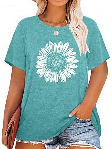 Womens Plus Size Daisy Graphic T-Shirt Summer Flower Cute Short Sleeve Shirts Casual Loose Tees Tops for Women (Green 3XL)