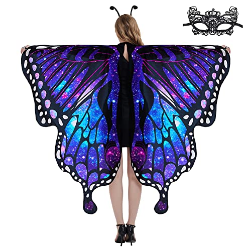 Sevendec Butterfly Wings Womens Halloween Costume Fairy Shawl Adult Soft Fabric Capes with Face Mask for Party Dress Up Cosplay Girls