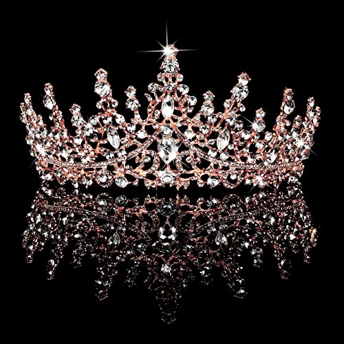 TOBATOBA Crystal Wedding Tiara for Women Rose Gold Crown Royal Queen Headband Metal Princess Bride Quinceanera Headpieces Birthday Prom Pageant Halloween Costume Cosplay