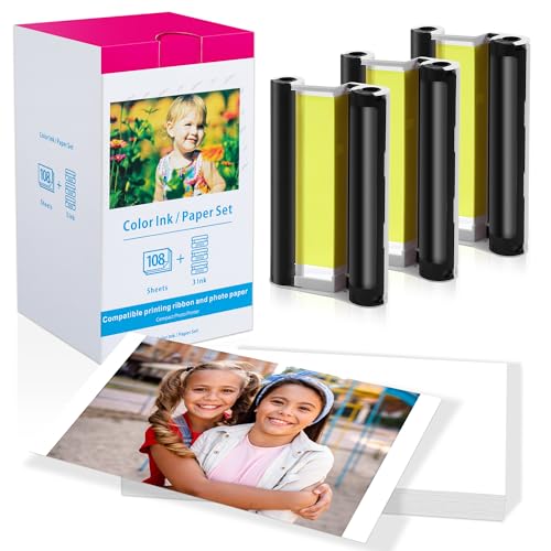 Compatible for Canon Selphy CP1300 CP1500 Ink and Paper for Canon CP1200 CP1000 CP910 CP900 CP810 CP760 CP770 CP780, KP-108IN 3 Color Ink Cartridges and 108 Sheets 4x6 Photo Paper Glossy