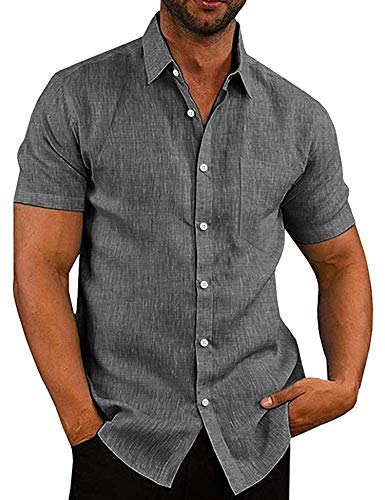 COOFANDY Men's Linen Shirts Chambray Oxford Business Work Short Sleeve Shirt Hawaiian Vacation Shirts