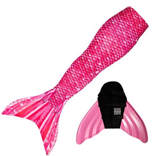 Sun Tails Mermaid Tail + Monofin for Swimming (Teen/Adult L JL 12-16, Bahama Pink - Pink Monofin)