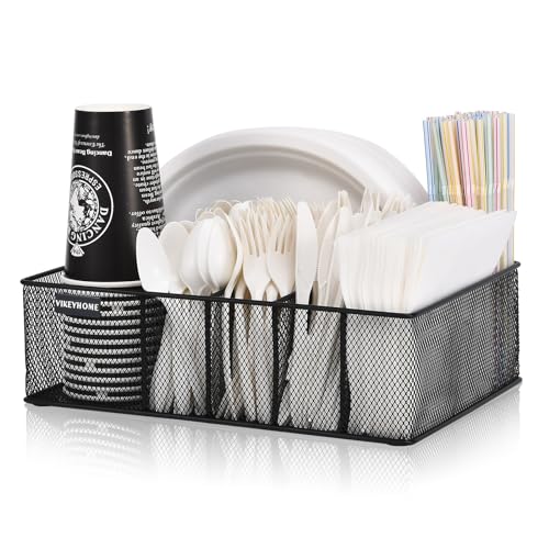 VIKEYHOME Paper Plate Organizer for Countertop, Metal Silverware Caddy with 6 Compartments for Plate, Cup, Napkin, Paper Plate and Utensil Holder Caddy for Party, Camping, Picnic