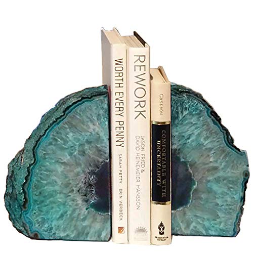 AMOYSTONE Teal Agate Bookends Geode Book Ends Heavy Duty Bookend Holder Decor with Rubber Bumpers Small(1 Pair, 2-3 LBS)