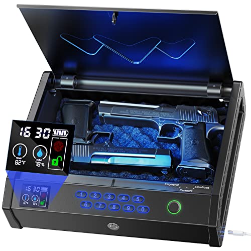 HOLEWOR Gun Safe, Biometric Gun Safes for Pistols with LCD Display of Temperature Humidity, Fingerprint Quick Access Pistol Safe Solid Handgun Safe with USB C Port