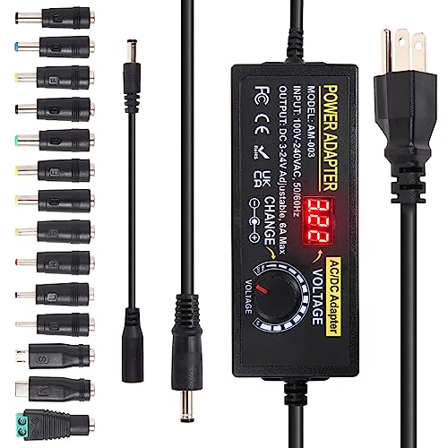 3~24V 6A Adjustable Universal Power Supply Adapter 144W AOYADAISU DC Power Supply with Polarity Converter&14 Tips, 3V 5V 6V 9V 12V 15V 18V 19V 20V 24V 100V-240V AC to DC Converter for LED Strip Light