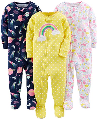 Simple Joys by Carter's Girls' 3-Pack Snug Fit Footed Cotton Pajamas, Navy Space/White Dinosaur/Yellow Dots, 12 Months