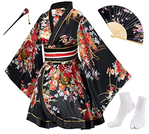 Japanese Anime Women's Dance Kimono Robe Fancy Dress Yukata Silk Folding Fans Tabi Hairstick Socks Set Black Large