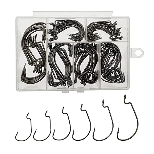 Afmivs Worm Hooks for Bass Fishing Hooks, 110pcs Bass Hooks Fishing, 6 Sizes Fishing Hooks Freshwater, Eagle Claw Fishing Hooks Bass #1 1/0 2/0 3/0 4/0 5/0 High Carbon Steel with Portable Plastic Box