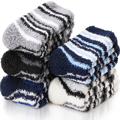 EBMORE Fuzzy Socks for Men & Women Slipper Fluffy Warm Winter Thick Cozy Sleep Socks Cabin Soft Stocking Stuffers Christmas Gift Socks(Dark Stripes)