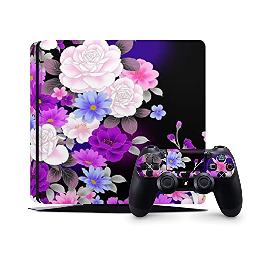 ZOOMHITSKINS PS4 Slim Skin, Compatible for Playstation 4 Slim, Light Color Flowers Spring Floral Blue, 1 PS4 Slim Console Skin 2 PS4 Slim Controller Skin, Durable & Fit, 3M Vinyl, Made in The USA