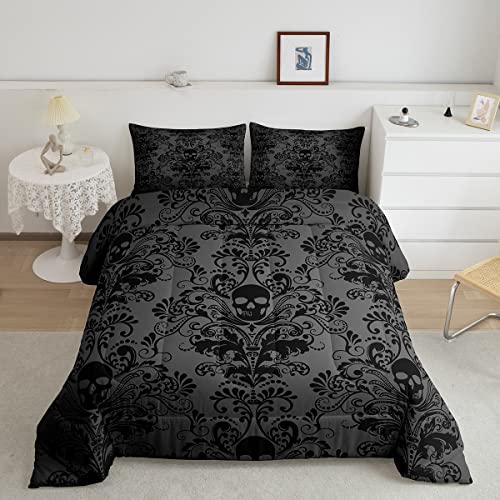 Adults Black Damask Bedding Comforter Sets Antique Victorian Baroque Queen Comforter Set Size Gothic Vintage Floral Quilt Exotic Sugar Skull Duvet Insert,Gothic Bone Skeleton Bohemian Decor,Grey