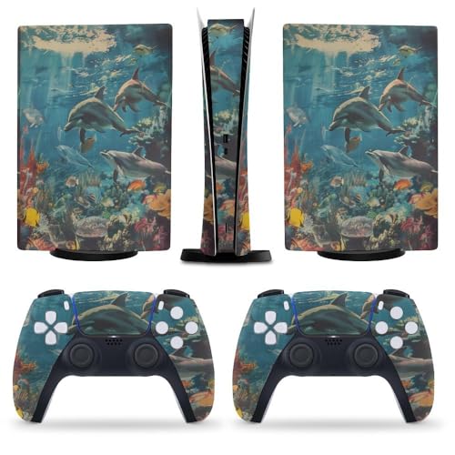 Buyidec Ocean Dolphin Fish for PS5 Skin Console and Controller Accessories Cover Skins Anime Vinyl Cover Sticker Full Set for Playstation5 Digital Version