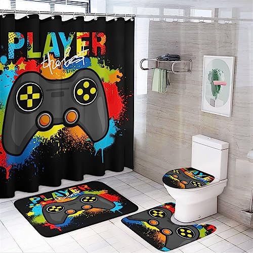 Watercolor Video Game Gamepad Shower Curtain Sets 4 Piece,Rainbow Colourful Tie Dye Game Gamepad Bathroom Decor Sets with Rugs Include Waterproof Non-Slip Toilet Lid Cover Bath Mat