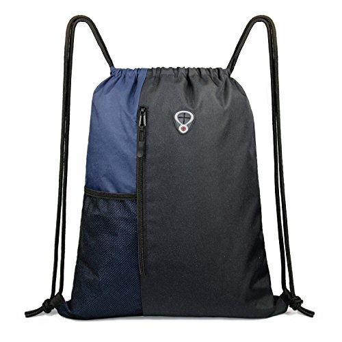 BeeGreen Drawstring Backpack Sports Gym Bag for Women Men Large Cinch Sackpack with 2 Zipper Pockets and Water Bottle Mesh Pockets Black Navy