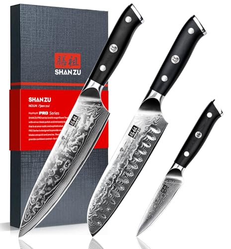 SHAN ZU Damascus Knife Set 3 PCS, Japanese Super Steel Damascus Kitchen Knife Set, High Carbon Professional Ultra-Sharp Chef Knife Set with G10 Handle, Gift Box