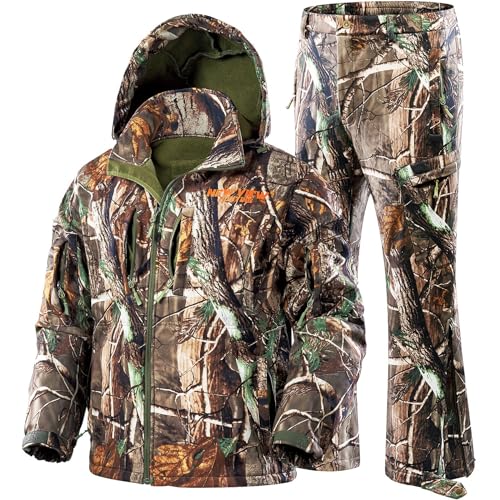 NEW VIEW Quiet Hunting Clothes for Men with 11 Pockets, Fleece-lined Water Resistant Camo Jacket and Pants