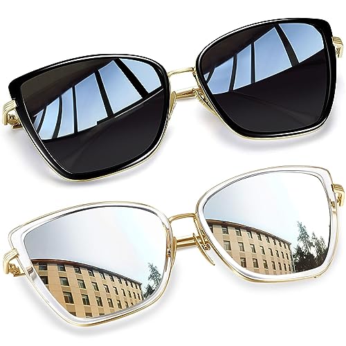 Joopin Oversized Cateye Sunglasses Fashion Cat Eye Sun Glasses UV400 Trendy Beacky Shades for Women Ladies Sunnies (Black + Silver)