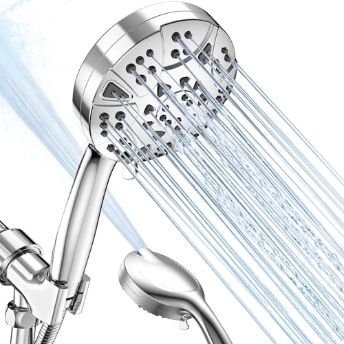 High Pressure 10-mode Handheld Shower Head - Anti-clog Nozzles, 5 ft Stainless Steel Hose and Adjustable Metal Bracket, Built-in Pause & 2 Power Wash Mode, to Clean Tub, Clean Corner,Tile & Pets