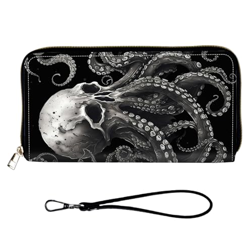 Qindaiwen Women Wallets Large Capacity Clutch Purse for Men Women Ladies Slim Purse Credit Card Holder, RFID Blocking Wristlet Cell Phone Wallet for Men Women, Octopus Skull