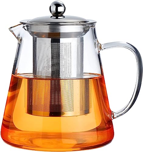 PARACITY Glass Teapot Stovetop 32 OZ, Borosilicate Clear Tea Kettle with Removable 18/8 Stainless Steel Infuser, Teapot Blooming and Loose Leaf Tea Maker Tea Brewer for Camping, Travel (950ML)