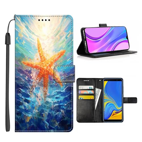 CHUANSHI Wallet Case for LG K20 Design Starfish-aa1 TPU Kickstand Card Slots Protective Multifunction Stand Flip with Wrist Strap Cover