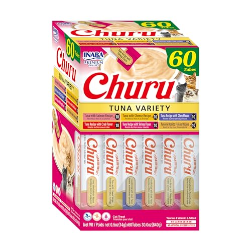 INABA Churu Cat Treats, Grain-Free, Lickable, Squeezable Creamy Purée Cat Treat/Topper, 60 Servings, Tuna Variety Box