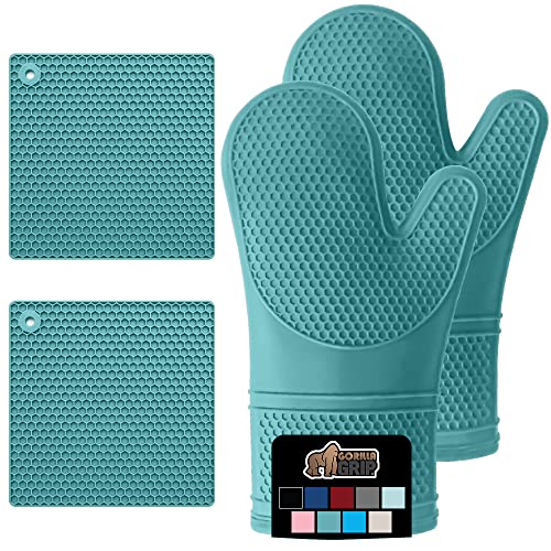 Gorilla Grip Heat and Slip Resistant 4 Piece Silicone Oven Mitt and Trivets Set, Waterproof, Cotton Lined Gloves, BPA-Free, Long Cooking Mitts Trivet Mats, Kitchen Potholder Sets for Pans, Turquoise