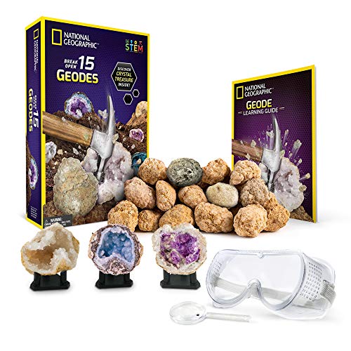 NATIONAL GEOGRAPHIC Break Open 15 Premium Geodes - with Goggles, Detailed Learning Guide, 3 Display Stands, Great STEM Science Toy & Educational Gift