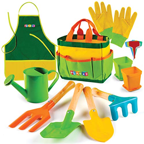 Play22 Kids Gardening Tool Set 12 PCS - Kids Gardening Tools Shovel Rake Fork Trowel Apron Gloves Watering Can and Tote Bag, Toddler Gardening Tools for Kids Best Outdoor Toys Gift for Boys and Girls