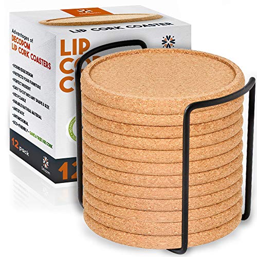 Cork Coasters with Lip for Drinks Absorbent | 12 Set 4 Inch Thick Rustic Saucer with Metal Holder Heat & Water Resistant | Best Reusable Natural Round Coasters for Bar Glass Cup Table