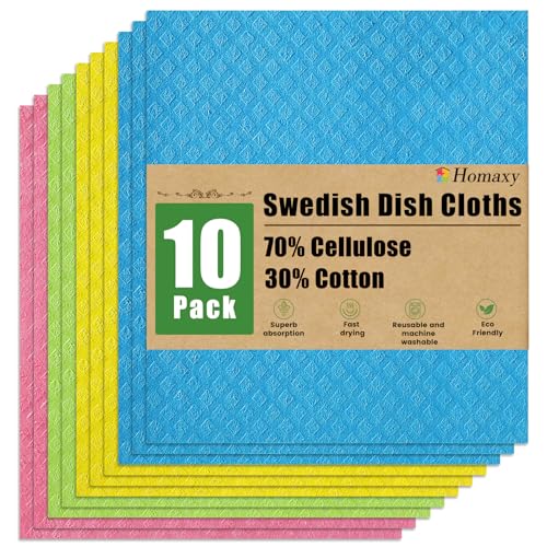 Homaxy Swedish Dishcloths for Kitchen, 10 Pack Reusable and Washable Cellulose Sponge Cloths Dish Towels, Absorbent and No Odor Paper Towels for Dishes ＆ Counters, Assorted