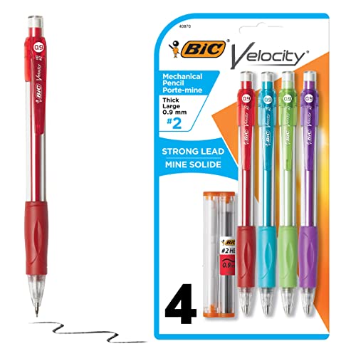 BIC Velocity Strong Lead Mechanical Pencils, With Colorful Barrel, Thick Point (0.9mm), 4-Count Pack Mechanical Pencils With Erasers