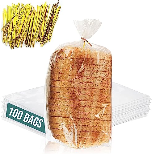 Reusable Plastic Bread Bags for Homemade - 100 Pack Clear Bag with Ties For An Airtight Moisture-free Preservation and Storage- Loaf Home Bakers Bakery Owners