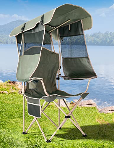 Docusvect Folding Camping Chair with Shade Canopy for Adults, Canopy Chair for Outdoors Sports with Cup Holder, Side Pocket for Camp, Beach, Tailgates, Fishing - Support 330 LBS