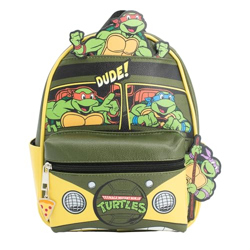 AI ACCESSORY INNOVATIONS Teenage Mutant Ninja Turtles Mini PU Backpack Purse, TMNT Shoulder Bag with Epoxy Filled Metal Pizza Charm, 10.5 Inch, Adjustable Shoulder Straps, Faux Leather