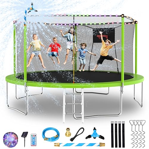 Lyromix Upgraded 14FT Trampoline for Kids and Adults, Large Outdoor Trampoline with Stakes, Light, Sprinkler, Backyard Trampoline with Basketball Hoop and Net, Capacity for 4-6 Kids and Adults, Green