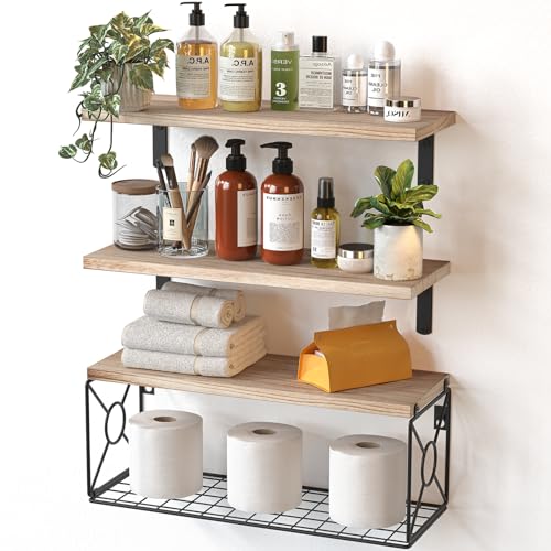 Amada Bathroom Shelves Over Toilet with Storage Basket, Floating Bathroom Wall Shelves for Home Organization & Wall Decor, Bathroom/Kitchen/Living Room Shelves–Natural Wood