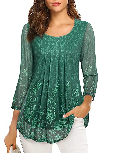 VALOLIA Fitted Tops for Work, Womens Tunic 3/4 Sleeve Tops for Wedding Guest Women Round Neck Work Shirts Juniors Blouses for Women 2022 Fashion Dressy Tops for Evening Wear Multicolor Green-2 Medium