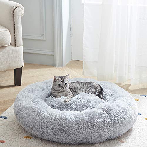 SunStyle Home Calming Cat and Dog Bed, Anti-Slip Cute Cat Bed Faux Fur Fluffy Donut Cuddler Anxiety Cat Bed,Washable Round Cat Beds for Indoor Cats,S(20'x20'),Gray,for Cats & Dogs Up to 15 lbs