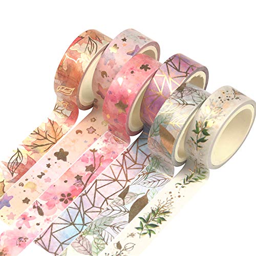 YUBBAEX Floral Gold Washi Tape Set 6 Rolls VSCO Foil Masking Tape Decorative for Arts, DIY Crafts, Journal Supplies, Planners, Scrapbook, Card/Gift Wrapping -15mm- (Romantic Flowers)