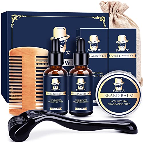 Beard Growth Kit - Beard Kit for Men with Beard Growth Oil (2 Pack), Beard Balm, Beard Comb, Beard Massager, Patchy Beard Growth, Unique Gifts for Men, Birthday Gifts for Him Boyfriend Husband Dad