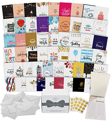 Dessie 60 Unique Birthday Cards Assortment with Generic Birthday Greetings Inside. Suitable For Men, Women and Kids. Send As Is Or Personalize. Includes Envelopes and Gold Stickers