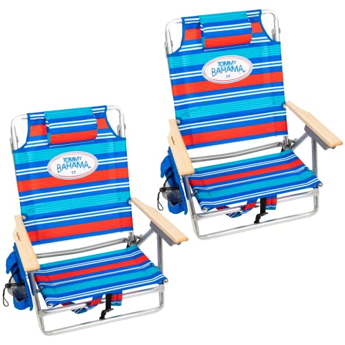 Tommy Bahama Set of 2 5-Position Classic Lay Flat Backpack Beach Chairs with Cooler, Storage Pouch and Towel Bar, Red