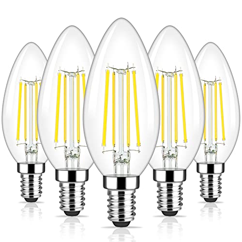 Brightever E12 Candelabra LED Light Bulbs 60 Watt Equivalent, 620 Lumen 6W Clear LED Filament Candle Bulbs, Daylight White 5000K Non-Dimmable Chandelier Light Bulbs for Ceiling Fan, Pack of 5