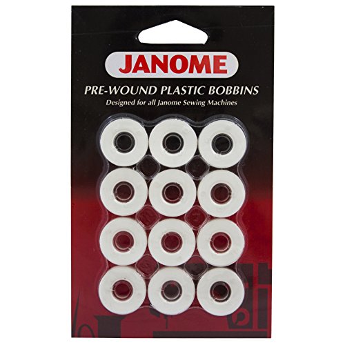 Janome 12 Pack Pre-Wound Plastic Bobbins White Thread